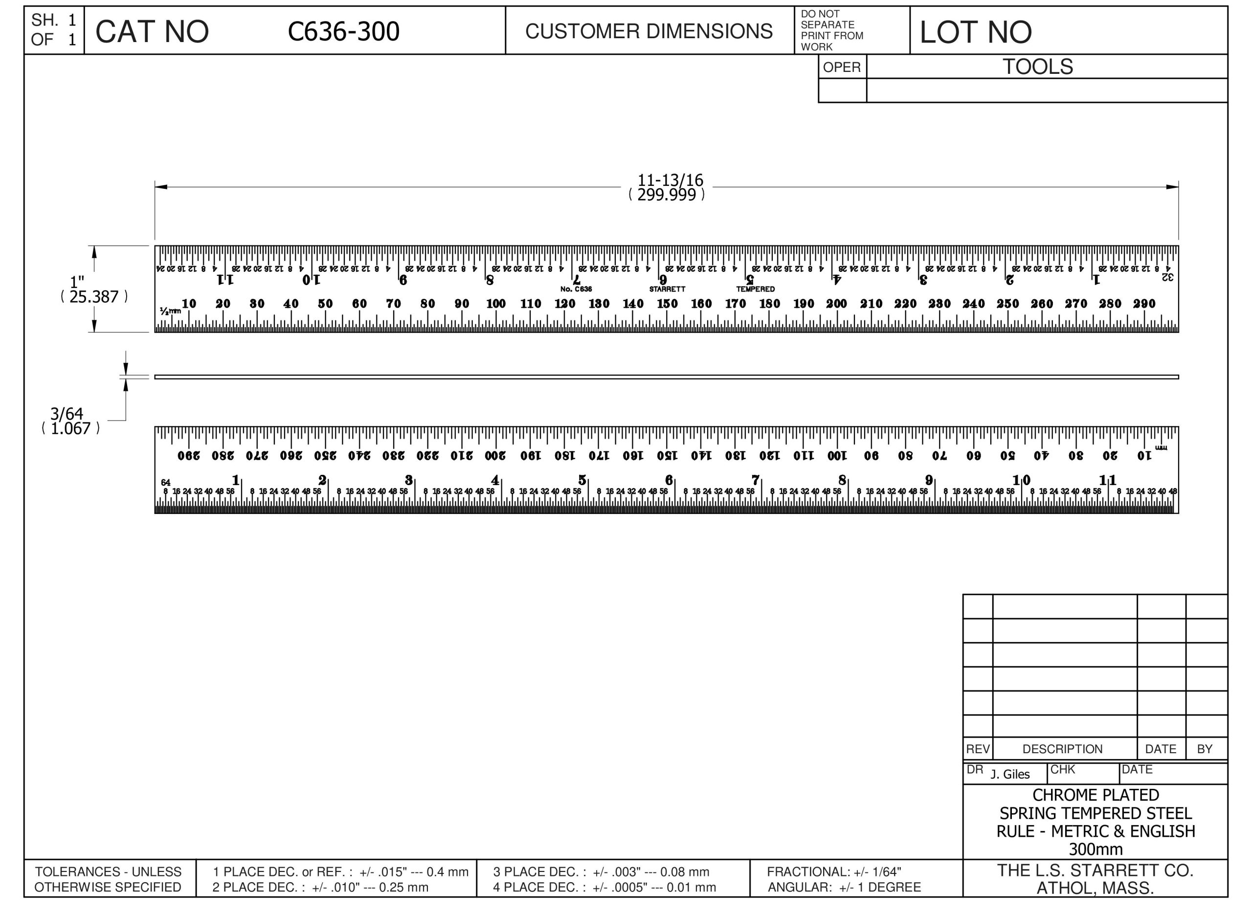 Starrett Steel Rule 300mm (11 3/4in) No. 36 Grad C636-300 Spring-Tempered Steel Rule with Millimeter and Inch Graduations - Image 2