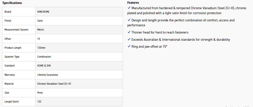 KINCROME CM09C 9MM COMBO SPANNER (SATIN) - Image 3