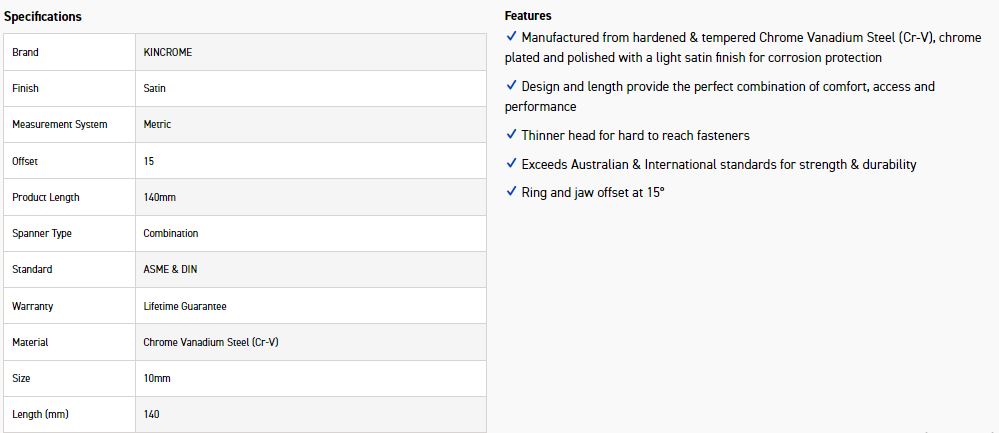 KINCROME CM10C 10MM COMBO SPANNER (SATIN) - Image 3