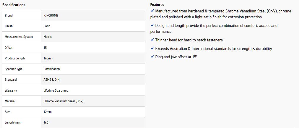 KINCROME CM12C 12MM COMBO SPANNER (SATIN) - Image 3
