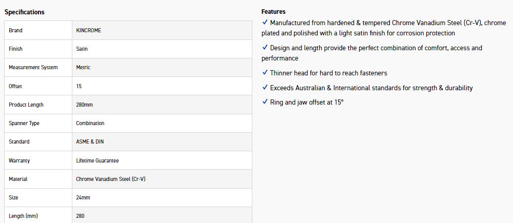 KINCROME CM24C 24MM COMBO SPANNER (SATIN) - Image 3