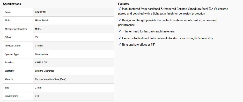 KINCROME CM27C 27MM COMBO SPANNER (MP) - Image 2