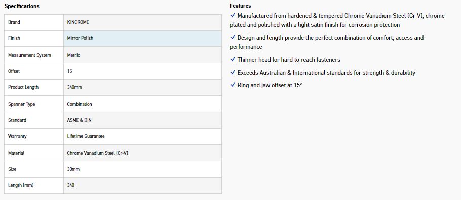 KINCROME CM30C 30MM COMBO SPANNER (MP) - Image 2