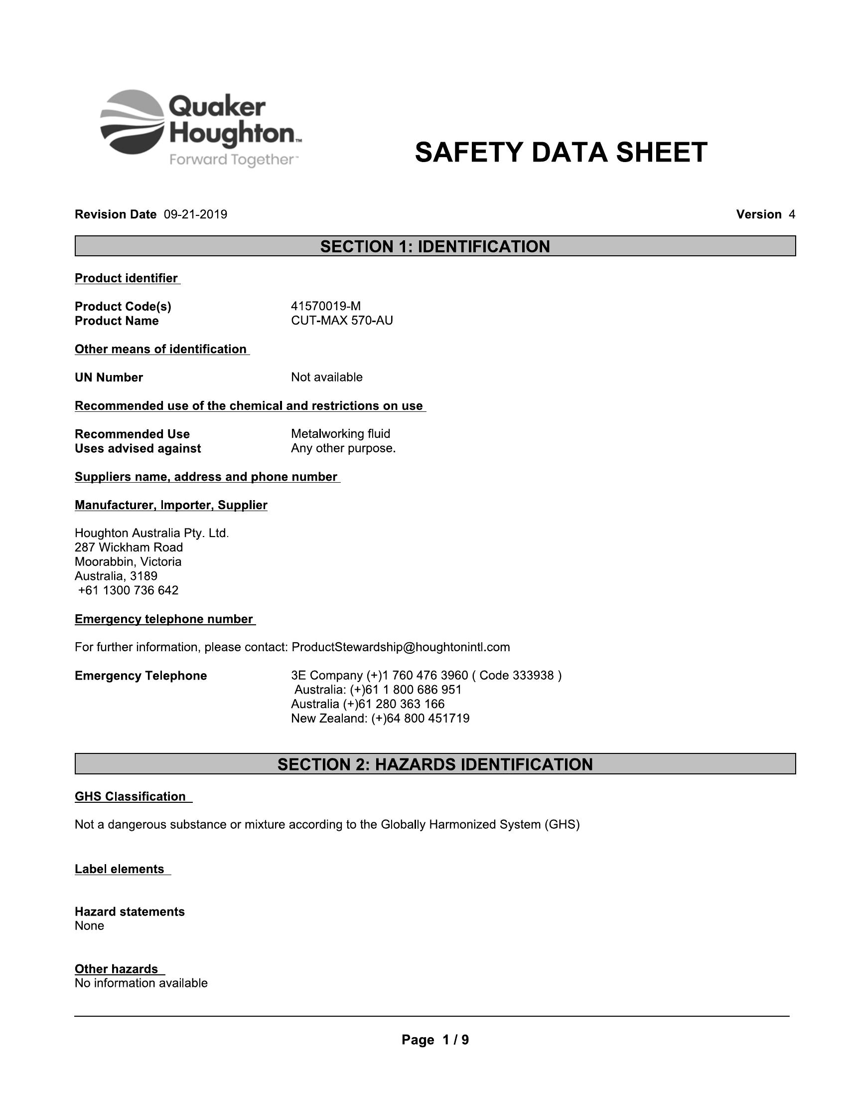 Quaker Houghton CUT-MAX 570 AU 20lt pail Coolant - Image 2