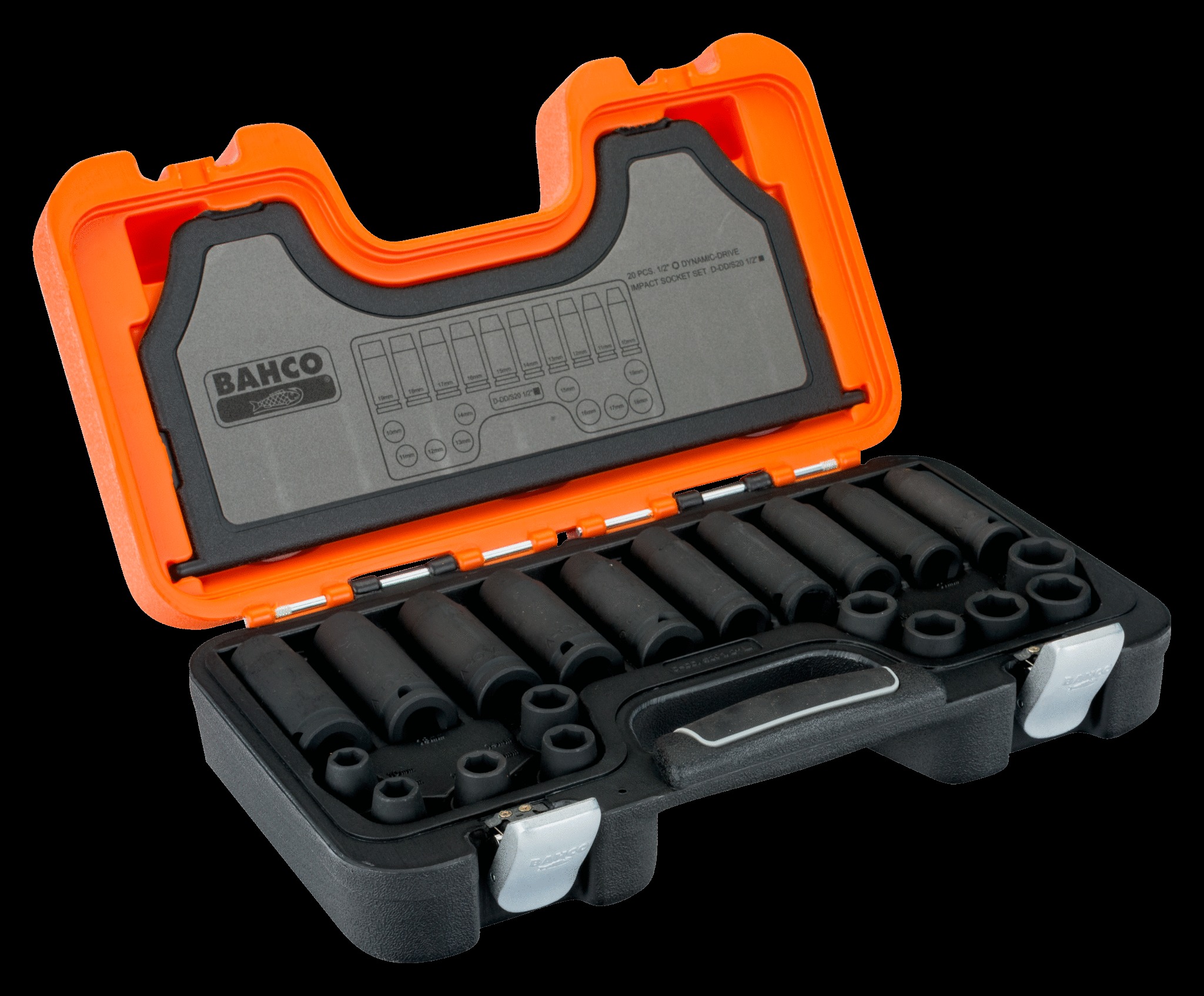 Bahco 20 piece 1/2" Long & Standard Impact Socket Set. Set contains: Standard - 10, 11, 12, 13, 14, 15, 16, 17, 18 & 19mm. Deep: 10, 11, 12, 13, 14, 15, 16, 17, 18 & 19mm