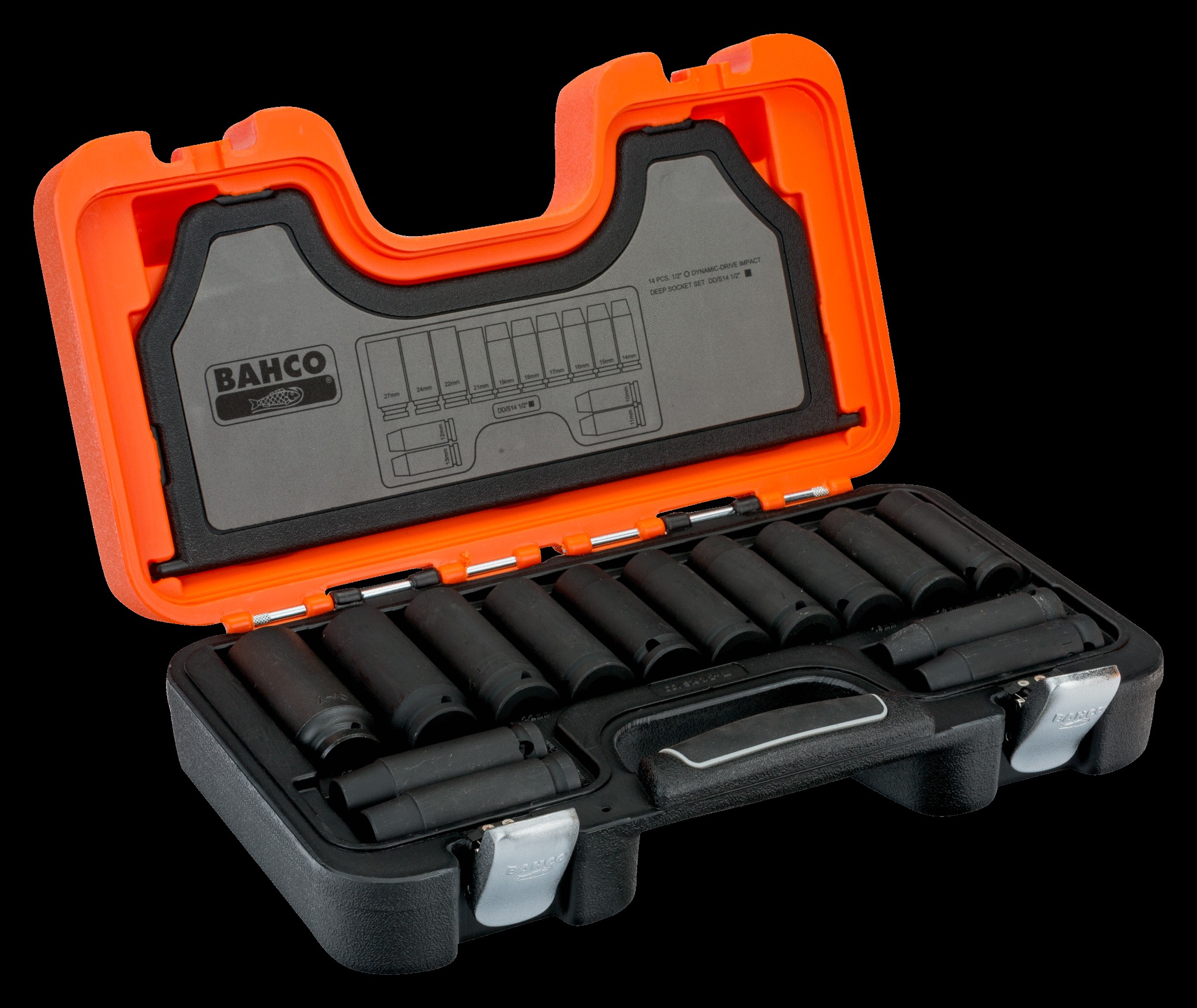 Bahco 14 piece 1/2" Drive Long Impact Socket Set. Set contains: 10, 11, 12, 13, 14, 15, 16, 17, 18, 19, 21 (length: 80mm), 22, 24 & 27mm (length: 88mm)