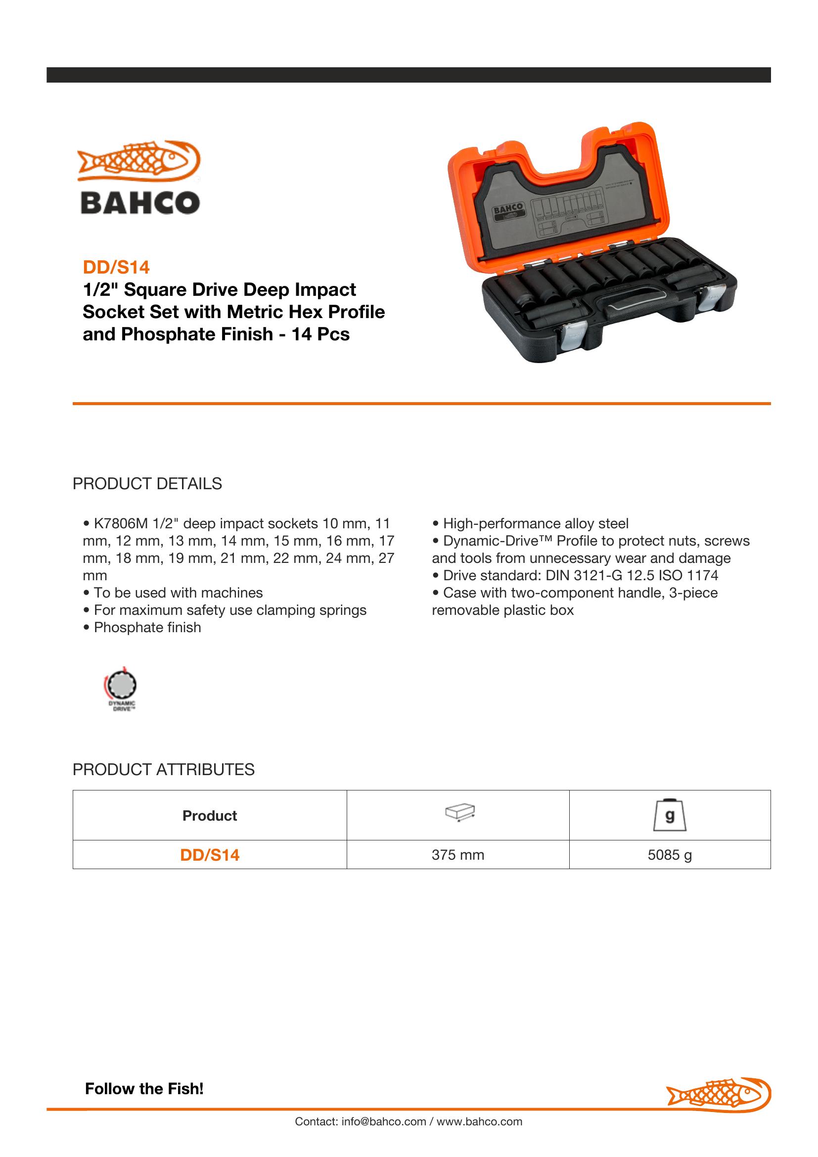 Bahco 14 piece 1/2" Drive Long Impact Socket Set. Set contains: 10, 11, 12, 13, 14, 15, 16, 17, 18, 19, 21 (length: 80mm), 22, 24 & 27mm (length: 88mm) - Image 4