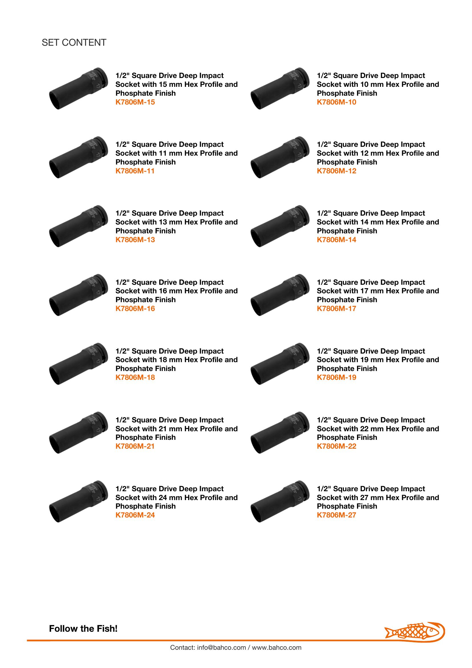 Bahco 14 piece 1/2" Drive Long Impact Socket Set. Set contains: 10, 11, 12, 13, 14, 15, 16, 17, 18, 19, 21 (length: 80mm), 22, 24 & 27mm (length: 88mm) - Image 5