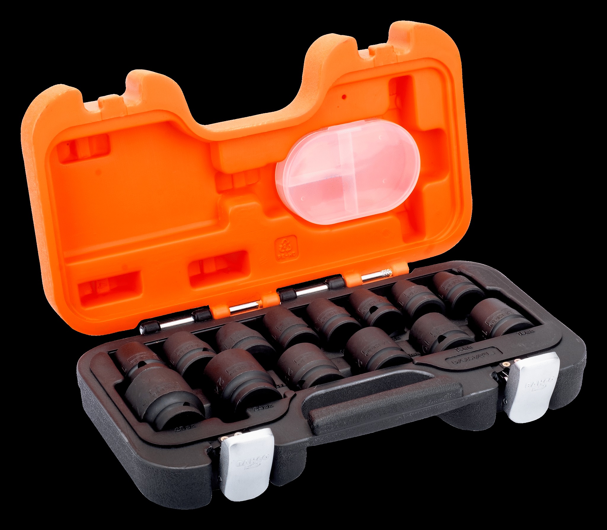 Bahco 14 piece 1/2" Drive Impact Socket Set. Set contains: 10, 11, 12, 13, 14, 15, 16, 17, 18, 19, 21, 22 (length: 38mm), 24 & 27mm (length: 45mm)