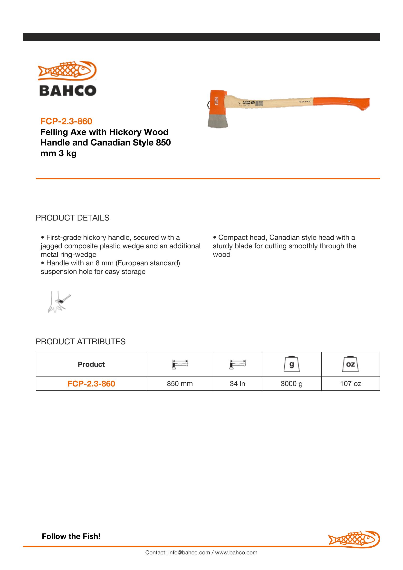 Bahco Felling axe, hickory handle, 2.3 kg head - Image 2