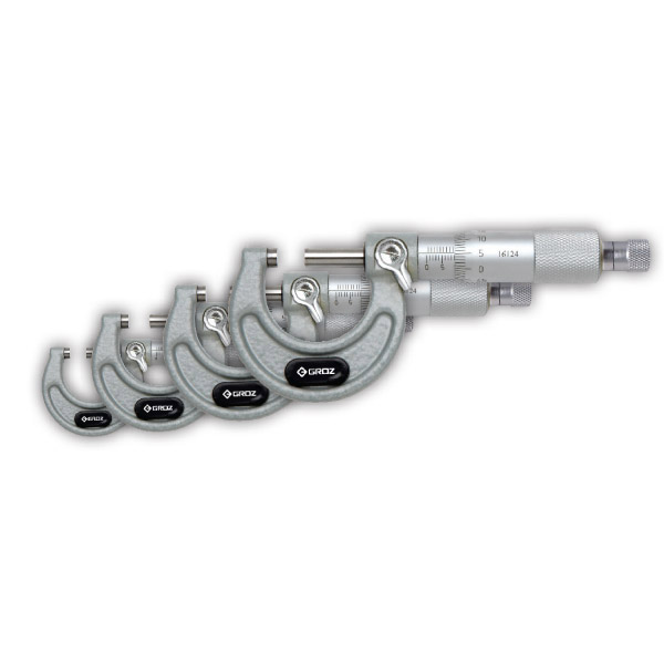 MM/0-100/ST4 GROZ OUTSIDE MICROMETER SET, 4 PIECE, 0 -100MM, 0.01MM, RATCHET STOP, PAINTED FRAME