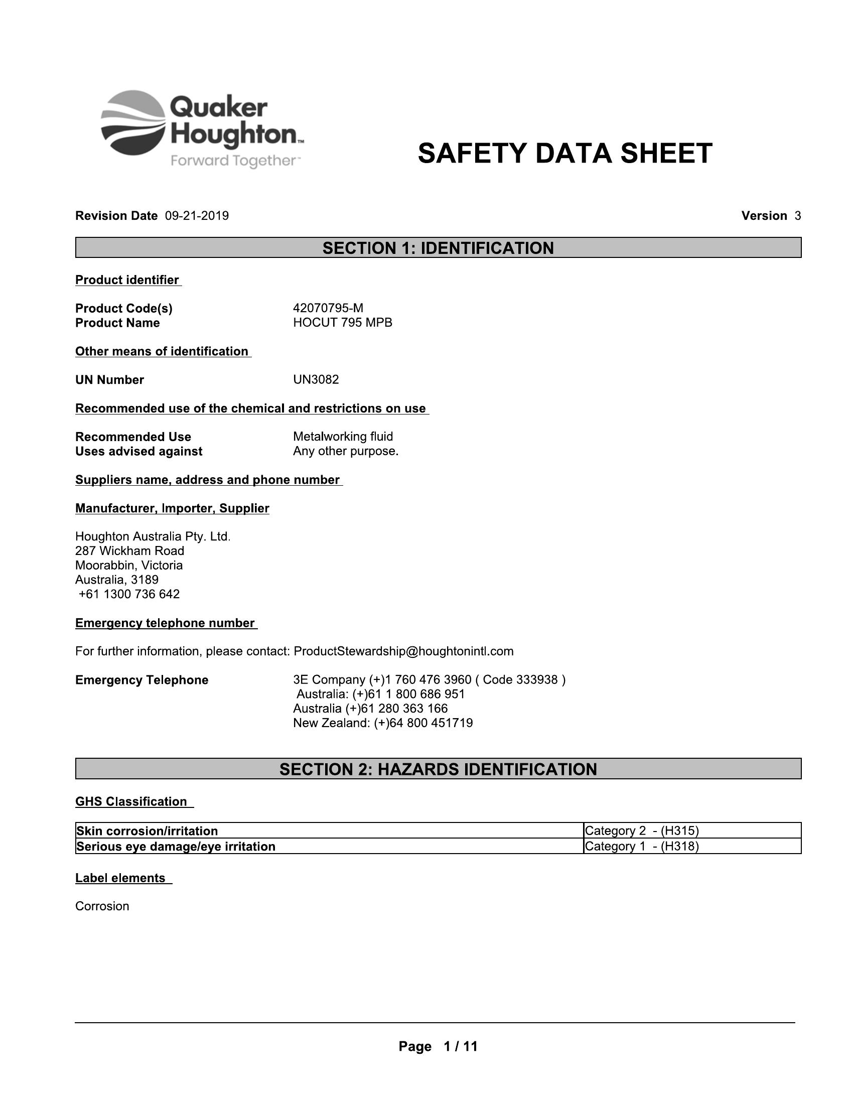 Quaker Houghton HOCUT 795MP-B 20lt pail Coolant semi synthetic - Image 2