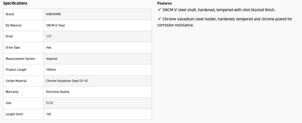KINCROME HS14 SOCKET HEX BIT AF 7/16-100MM(L - Image 3