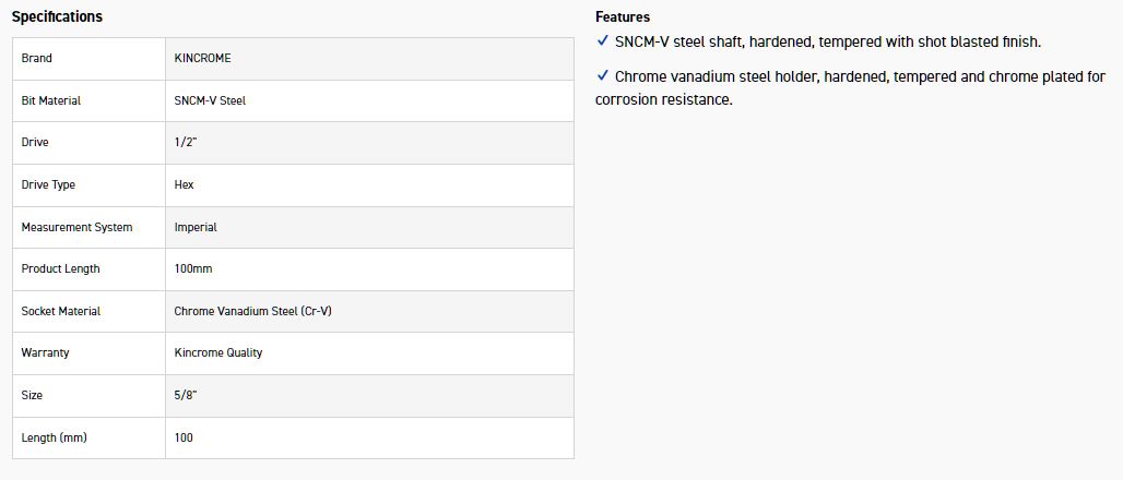 KINCROME HS20 SOCKET HEX BIT AF 5/8-100MM(L) - Image 3