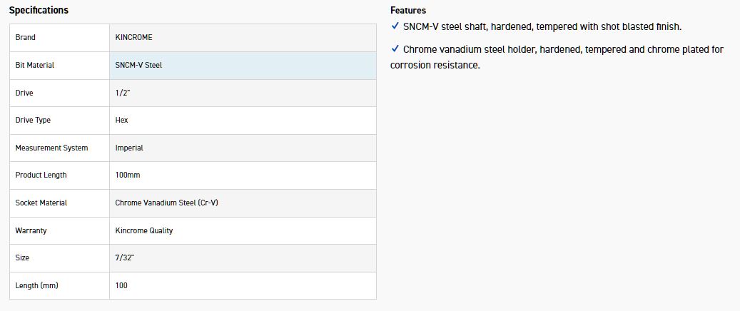 KINCROME HS7 SOCKET HEX BIT AF 7/32-100MM(L - Image 2