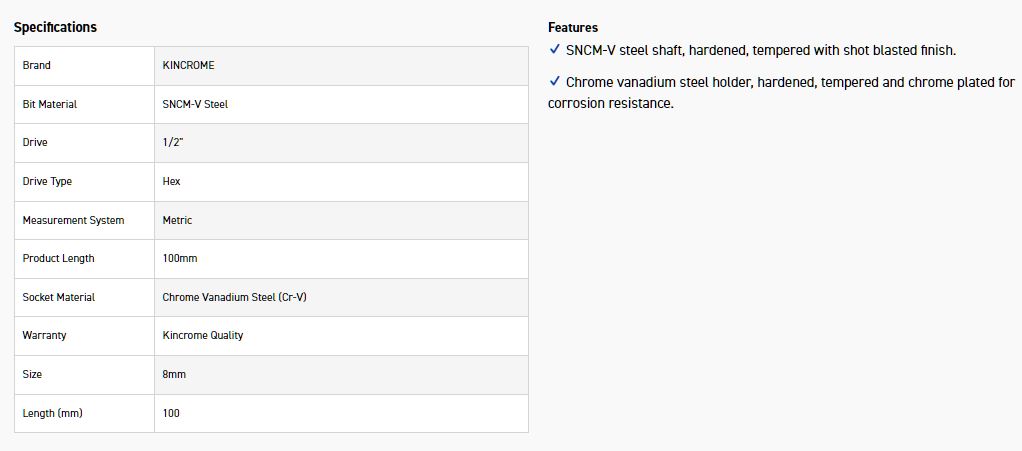 KINCROME HS8M SOCKET HEX BIT 8MM-100MM(L) - Image 3