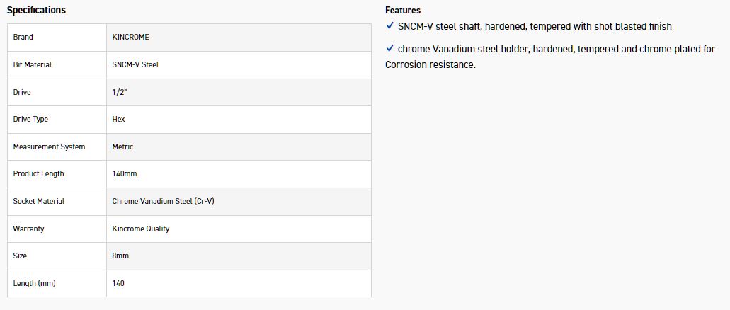 KINCROME HSL8M SOCKET HEX BIT 8MM-140MM(L) - Image 2