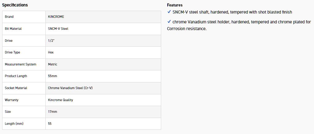 KINCROME HSS17M SOCKET HEX BIT 17MM-55MM(L) - Image 2