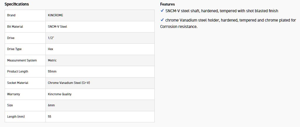KINCROME HSS6M SOCKET HEX BIT 6MM-55MM(L) - Image 2