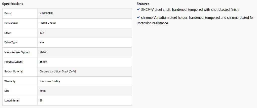 KINCROME HSS7M SOCKET HEX BIT 7MM-55MM(L) - Image 2