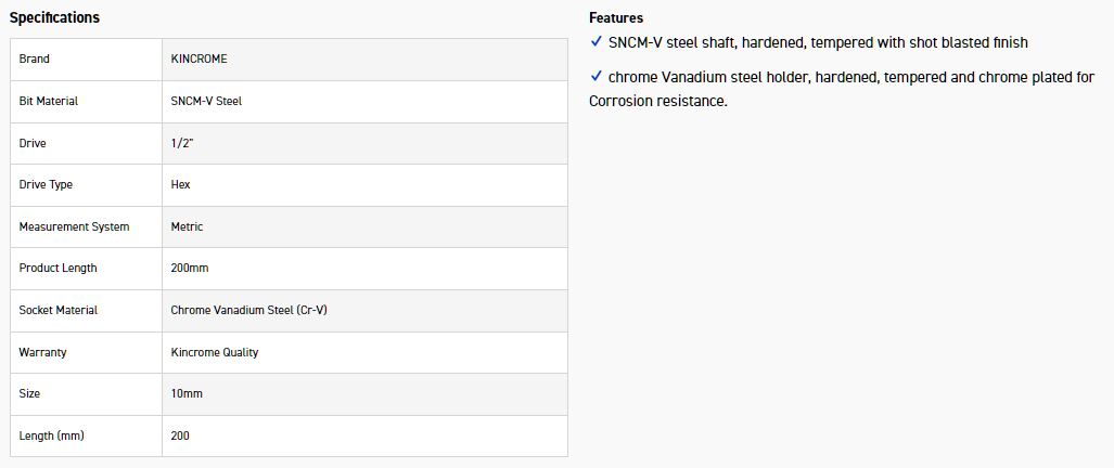 KINCROME HSXL10M SOCKET HEX BIT 10MM-200MM(L) - Image 2