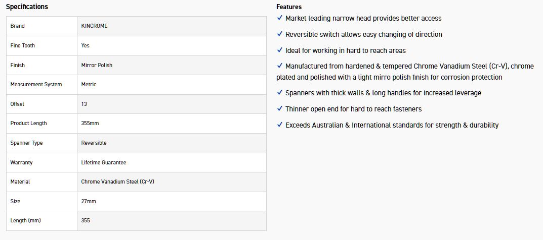 KINCROME K030048 27MM REVERSE GEAR SPANNER - Image 2