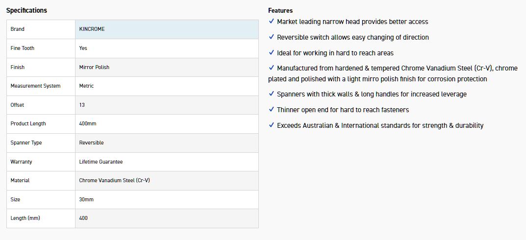 KINCROME K030051 30MM REVERSE GEAR SPANNER - Image 2