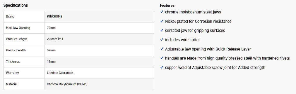 KINCROME K040011 PLIER LOCKING L/NOSE 225MM - Image 3