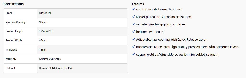 KINCROME K040016 LOCK GRIP PLIER 125mm (5") - Image 3