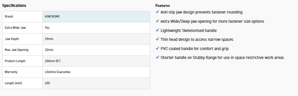 KINCROME K040052 LIGHTWEIGHT ADJ WRENCH 8" - Image 2