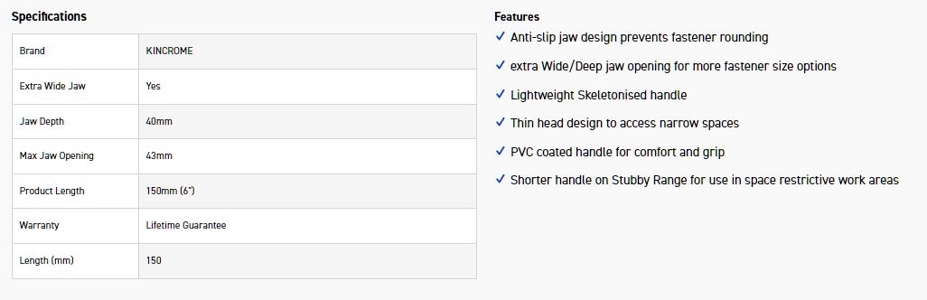 KINCROME K040057 L/WEIGHT STUBBY ADJ WRENCH 6" - Image 2