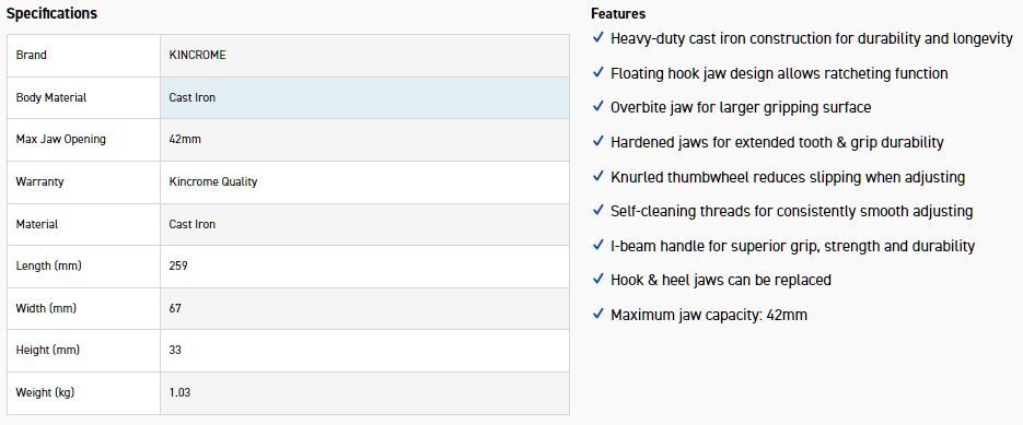 KINCROME K040120 PIPE WRENCH IRON 250MM (10") - Image 4