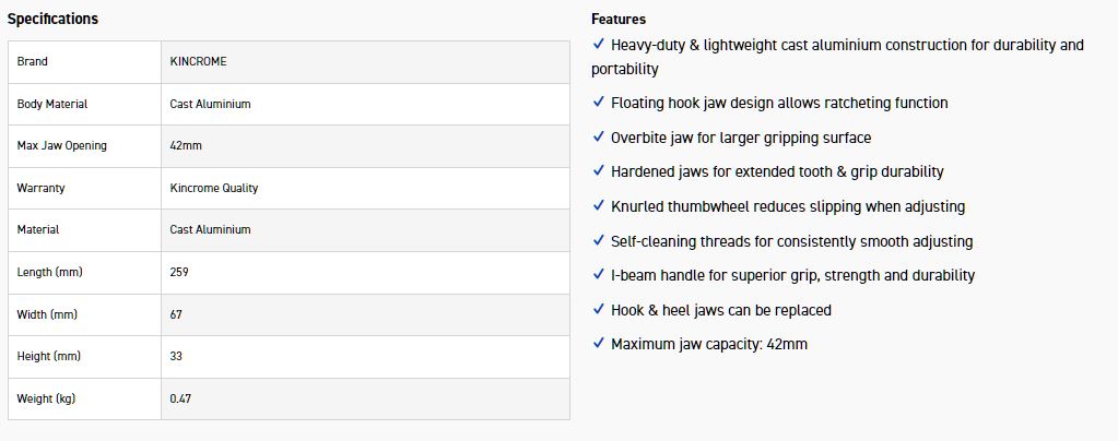 KINCROME K040130 PIPE WRENCH ALUM 250MM (10") - Image 4