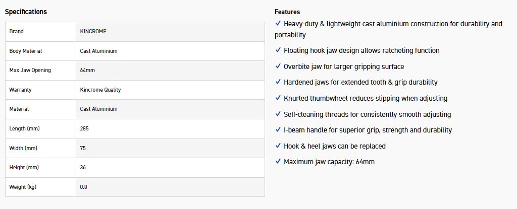 KINCROME K040131 PIPE WRENCH ALUM 300MM (12") - Image 4