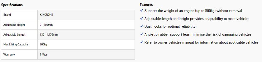 KINCROME K12140 ENGINE SUPPORT BAR 500KG CAP - Image 3