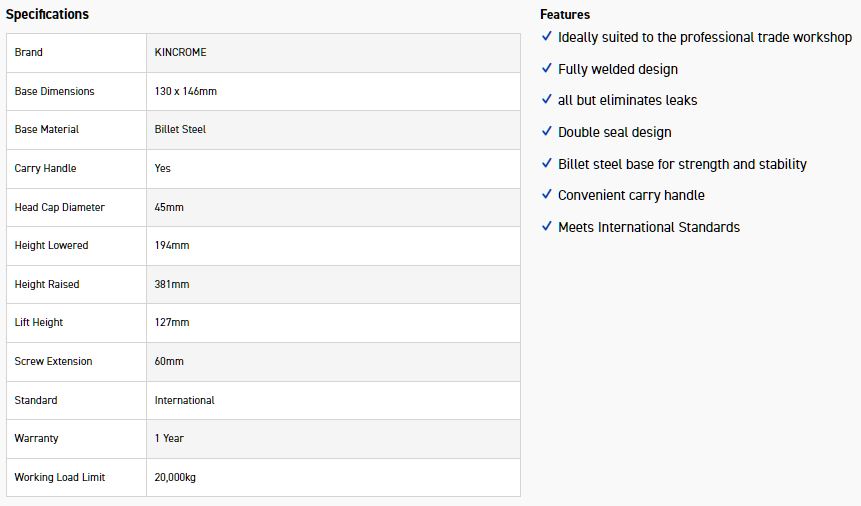 KINCROME K12159 BOTTLE JACK SQUAT 20T - WELDED - Image 3