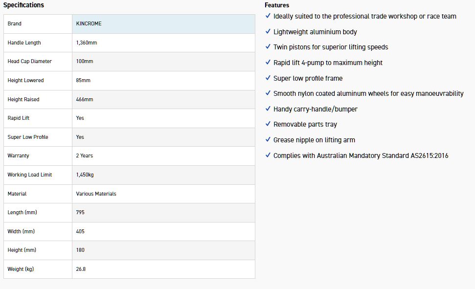 KINCROME K12163 1450KG ALU FRAME GARAGE JACK - Image 6
