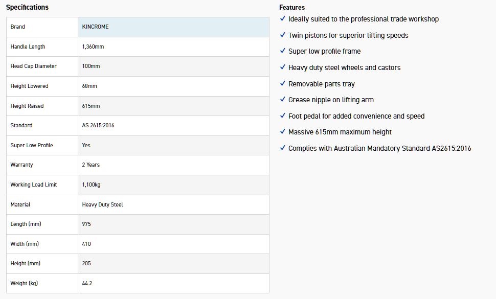 KINCROME K12164 1100KG SLP GARAGE JACK - Image 6