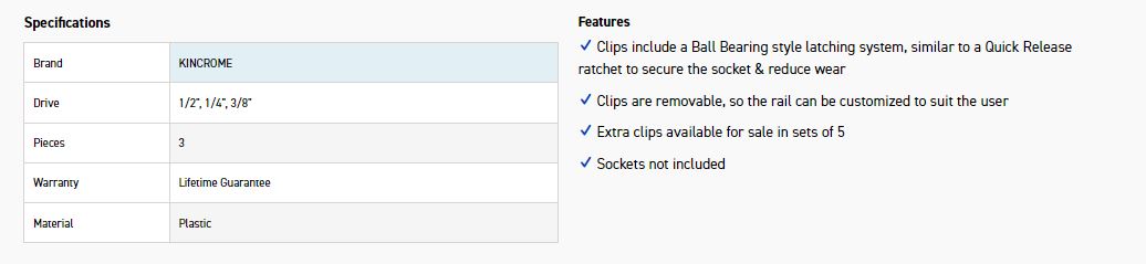 KINCROME K2072 3PCE SOCKET CLIP RAIL - Image 2