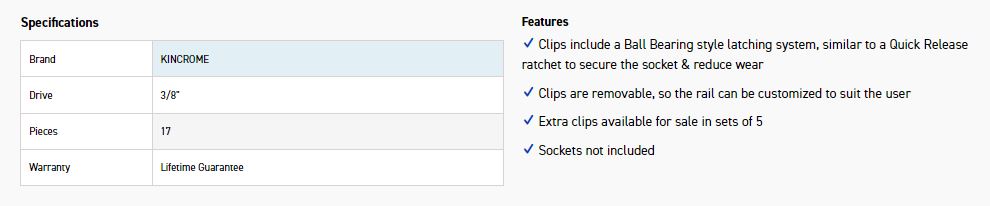 KINCROME K2074 3/8 DRV SOCKET RAIL 17 CLIP - Image 2