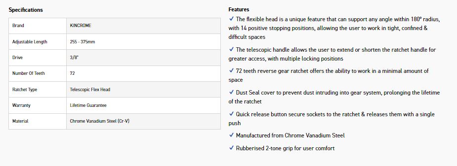 KINCROME K2106 3/8DR FLXHEAD T'SCOPIC RATCHET - Image 6