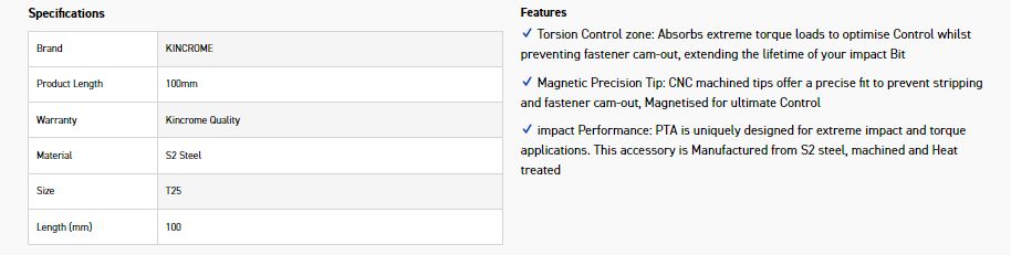 KINCROME K21132 IMPACT BIT TORX T25 100MM *20* - Image 2