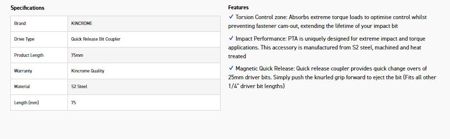 KINCROME K21201 BIT CPL Q/RELEASE 75MM *20* - Image 2