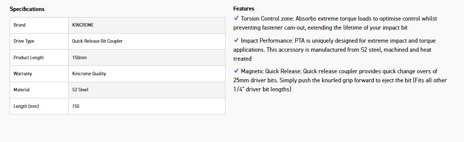 KINCROME K21202 BIT CPL Q/RELEASE 150MM *20* - Image 2