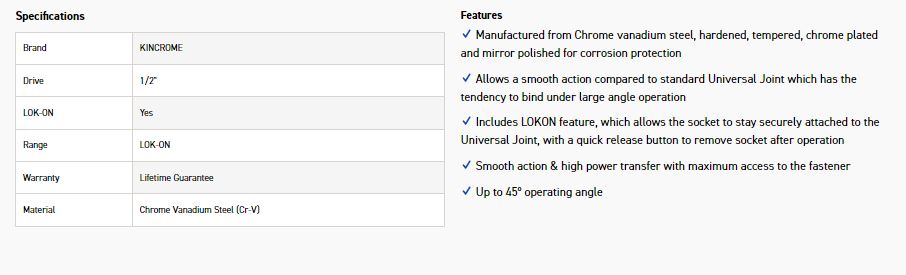 KINCROME K2128 LOKON UNIVERSAL JOINT 1/2D-45° - Image 3