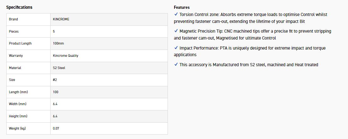 KINCROME K21520 IMPACT BIT PH#2_SQ#2 100MM 5PK - Image 3