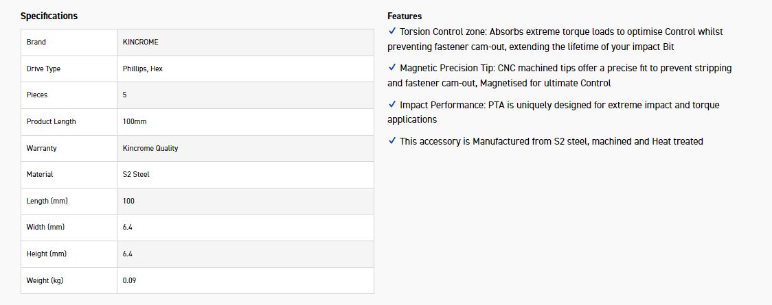 KINCROME K21523 IMPACT BIT PH2_HEX 5MM 100MM5P - Image 3
