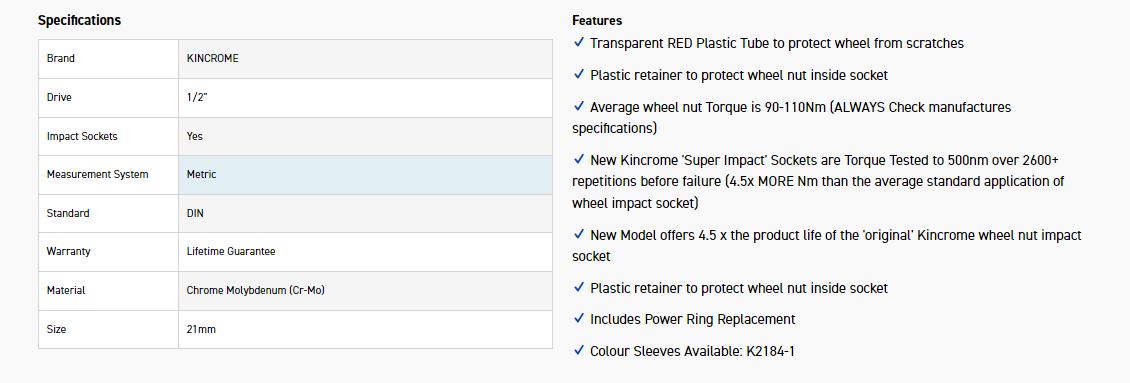 KINCROME K2184 SUPER IMPACT SOCKET 21MM - Image 2