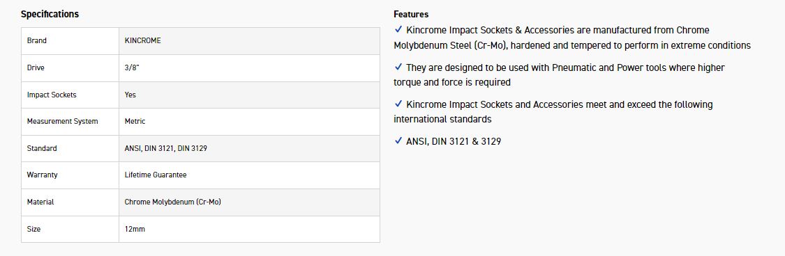 KINCROME K2211 IMPACT SKT 3/8DRV 12MM - Image 2