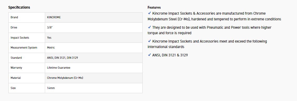 KINCROME K2213 IMPACT SKT 3/8DRV 14MM - Image 2